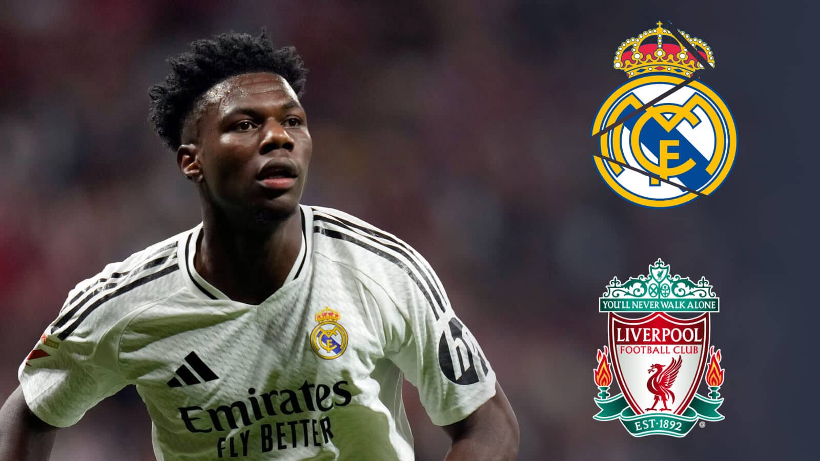 Real Madrid midfielder Aurelien Tchouameni next to a cracked Real Madrid badge and the Liverpool FC club crest -pic copyright of TEAMtalk