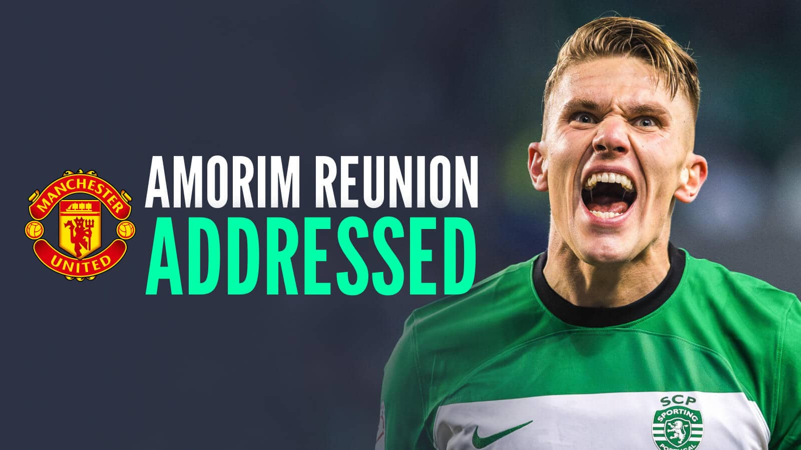 Sporting Lisbon striker Viktor Gyokeres next to the Manchester United club crest and the words 'Amorim reunion addressed'