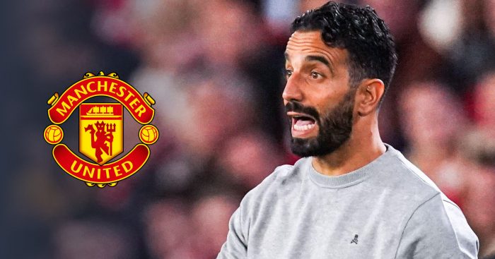 Man Utd manager Ruben Amorim next to the Manchester United club crest