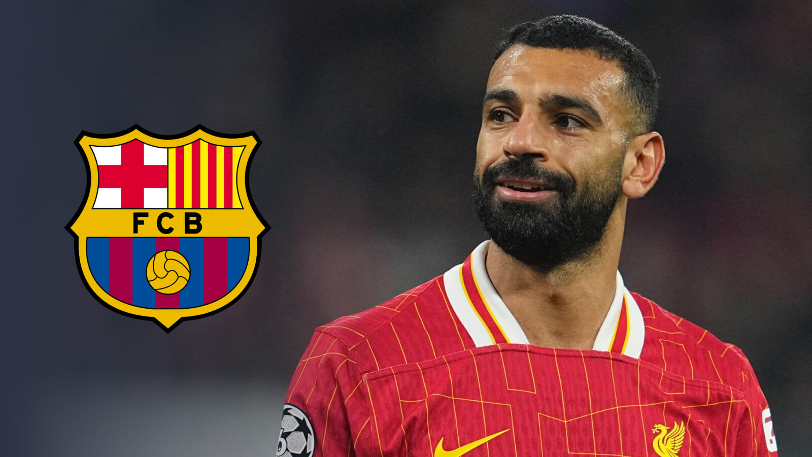 Liverpool ace Mo Salah with Barcelona badge