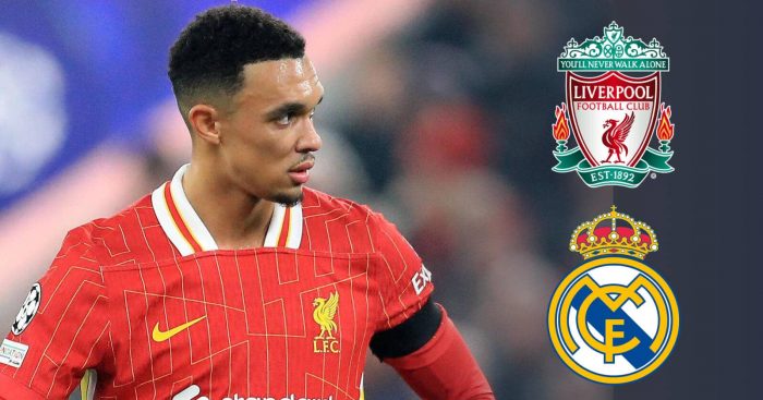 Trent Alexander-Arnold with the badges of Liverpool and Real Madrid - graphic copyright of TEAMtalk.com