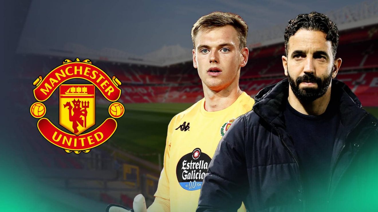 Manchester United boss Ruben Amorimand Arsenal goalkeeper Karl Hein in front of Old Trafford stadium and next to the Manchester United club crest -image copyright of TEAMtalk