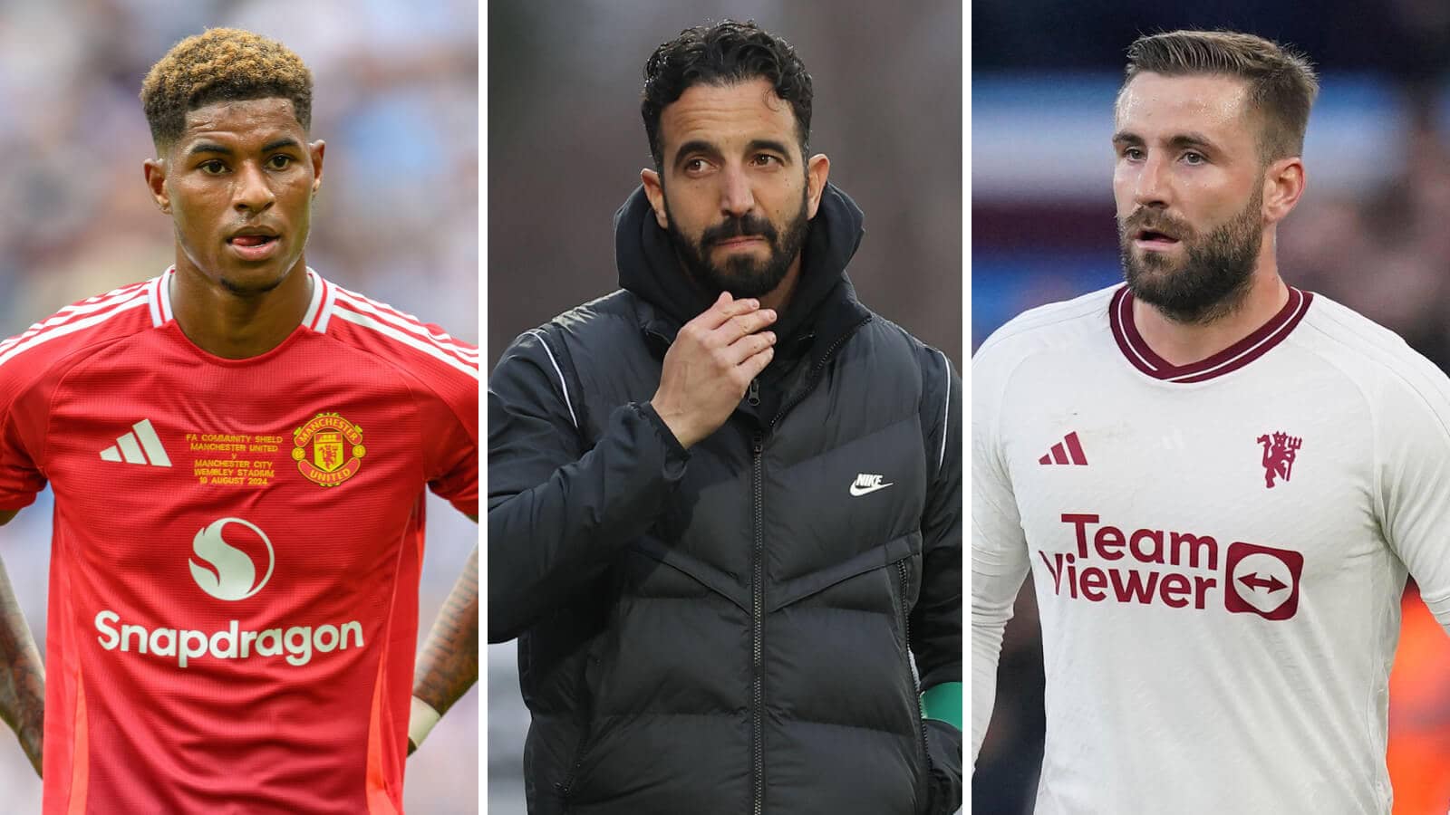 Marcus Rashford, Ruben Amorim and Luke Shaw