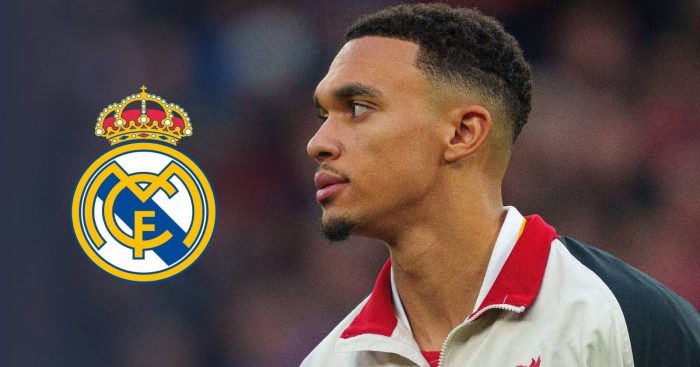 Liverpool star Trent Alexander-Arnold next to the Real Madrid badge - image copyright of TEAMtalk