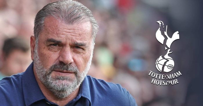 Ange Postecoglou with a cracked Tottenham badge