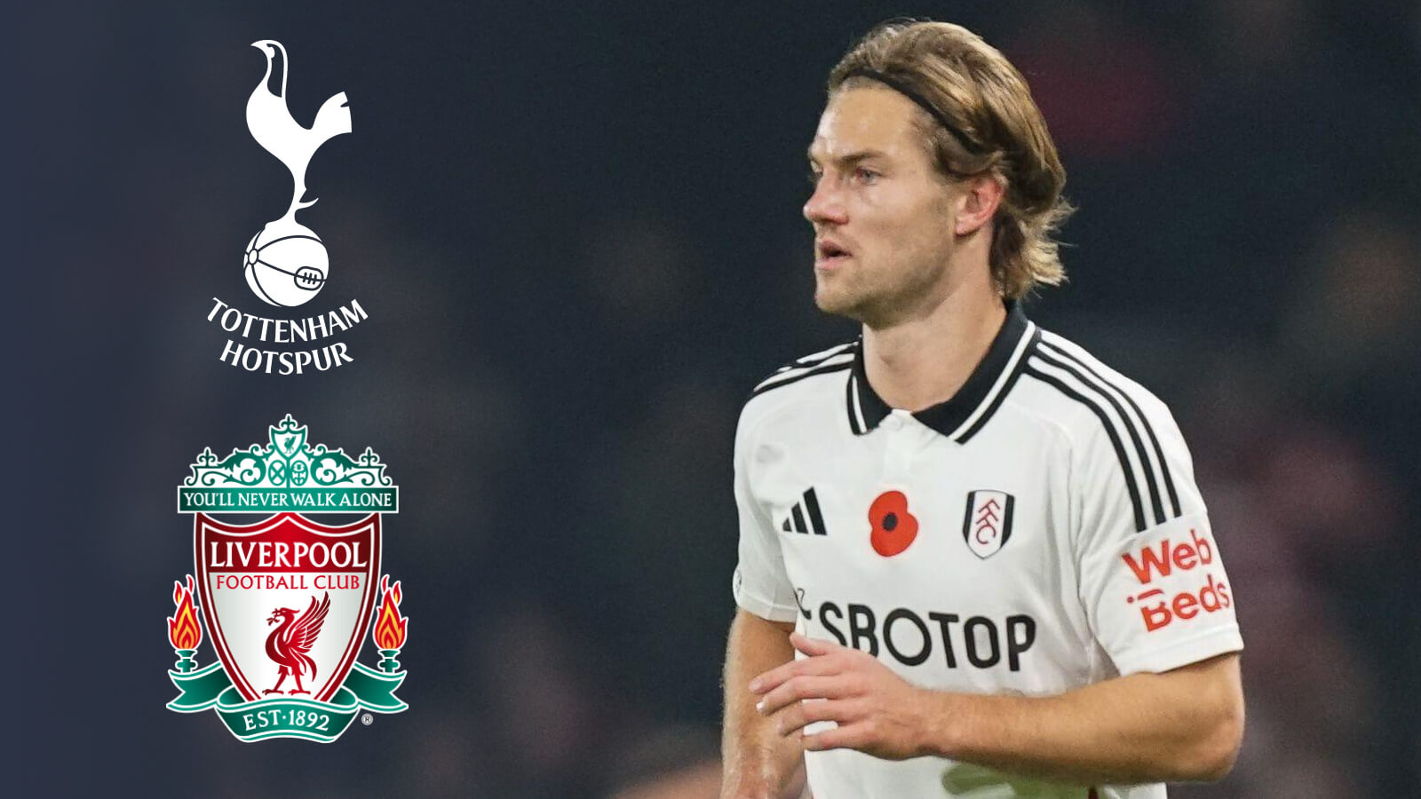 Fulham centre-back Joachim Andersen, Tottenham, Liverpool badges