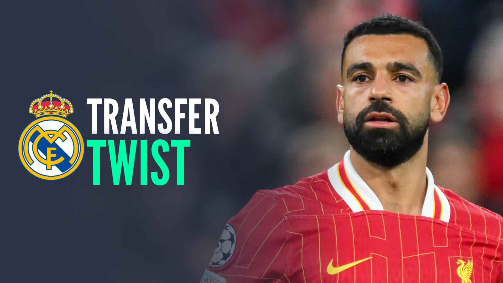 Liverpool star Mo Salah next to the Real Madrid badge and the words 'transfer twist'