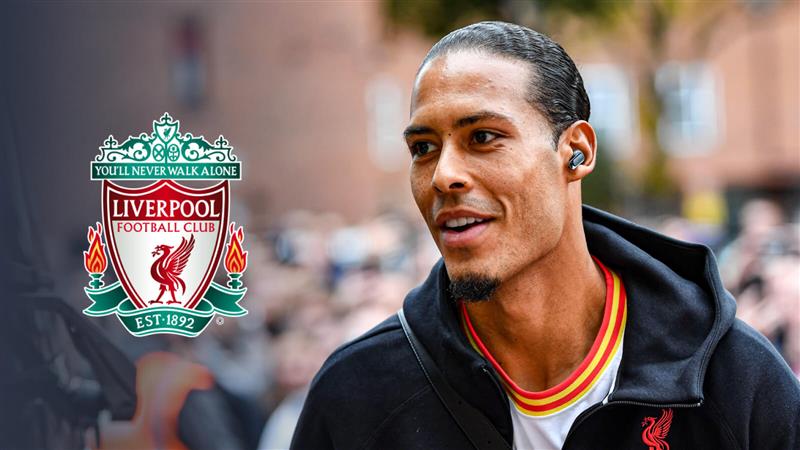 Liverpool captain Virgil van Dijk next to the Liverpool club crest