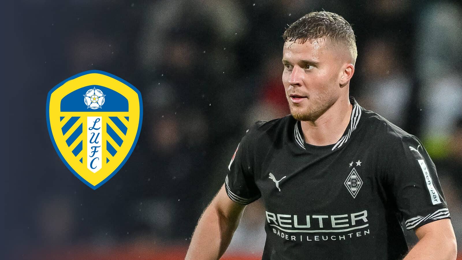 Borussia Monchengladbach's Nico Elvedi next to the Leeds United badge