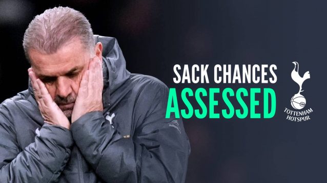 Tottenham manager Ange Postecoglou next to the Tottenham badge and the words 'sack claims assessed'