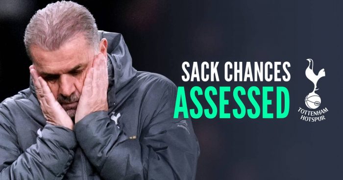 Tottenham manager Ange Postecoglou next to the Tottenham badge and the words 'sack claims assessed'