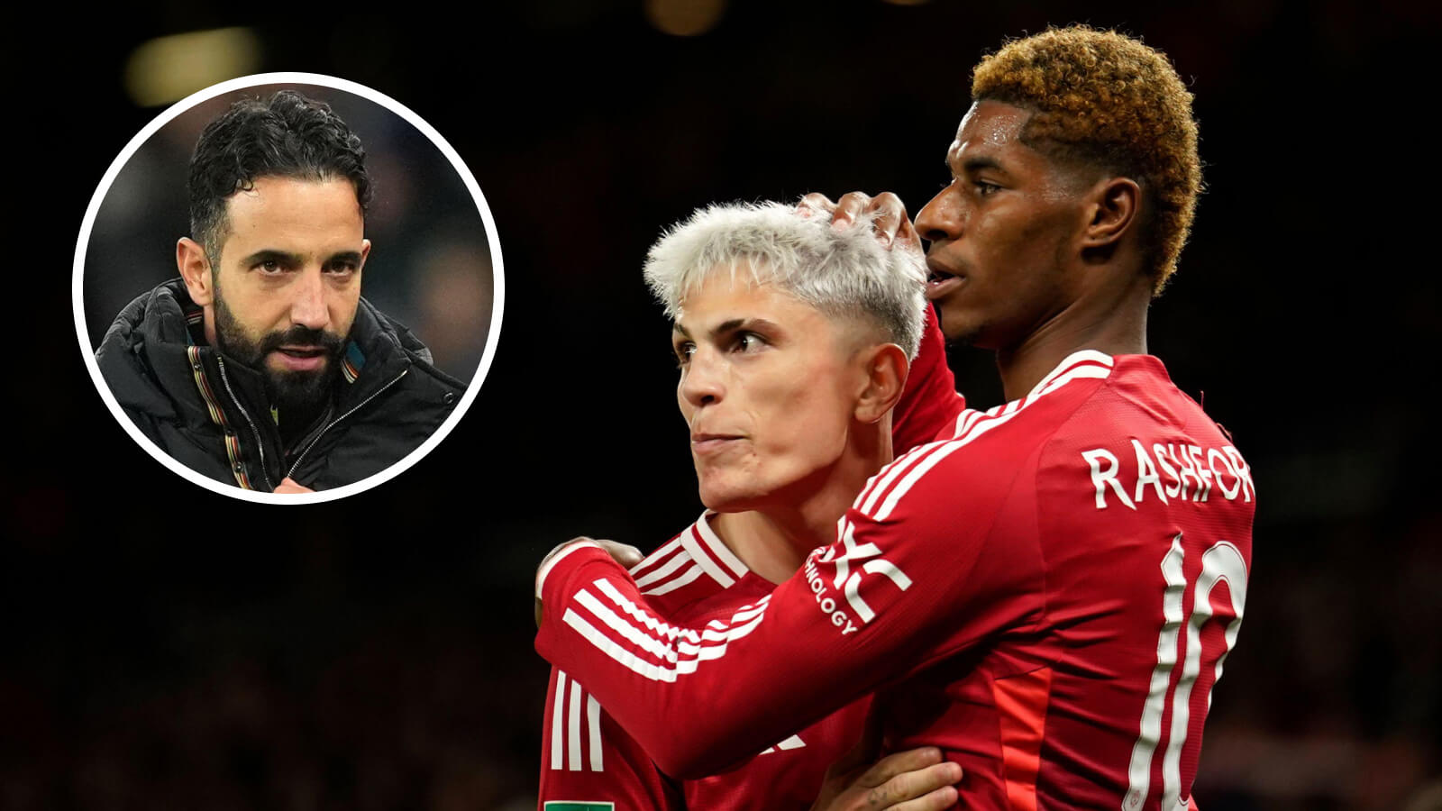 Man Utd manager Ruben Amorim and forwards Alejandro Garnacho and Marcus Rashford