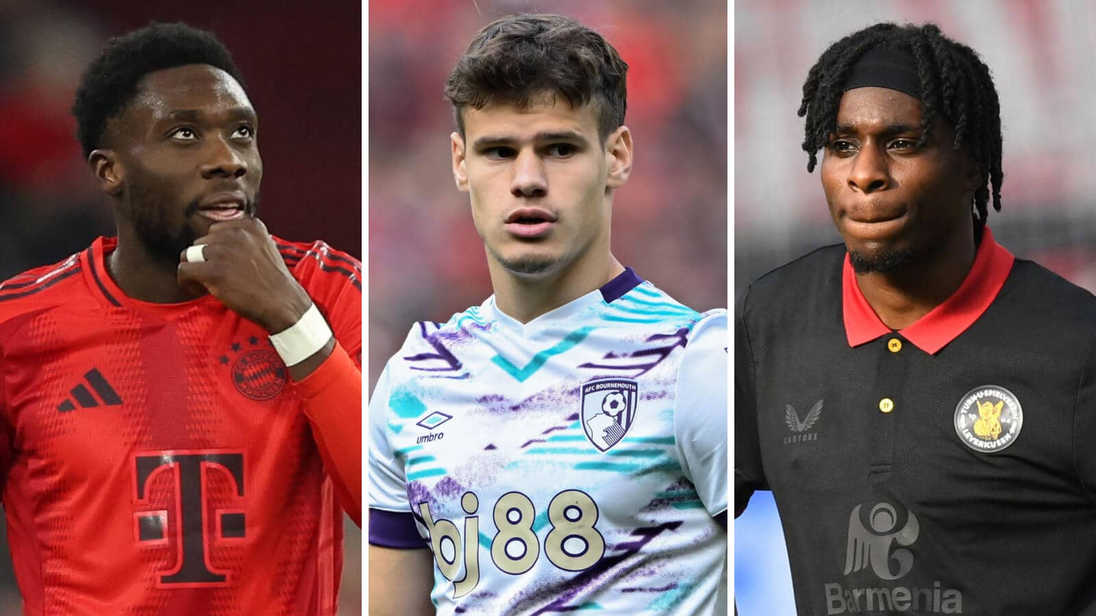 Alphonso Davies at Bayern Munich, Milos Kerkez at Bournemouth and Jeremie Frimpong at Bayer Leverkusen