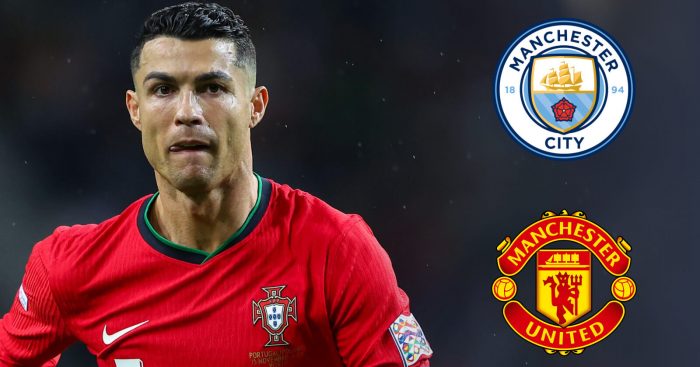 Cristiano Ronaldo with Man City and Man Utd badges