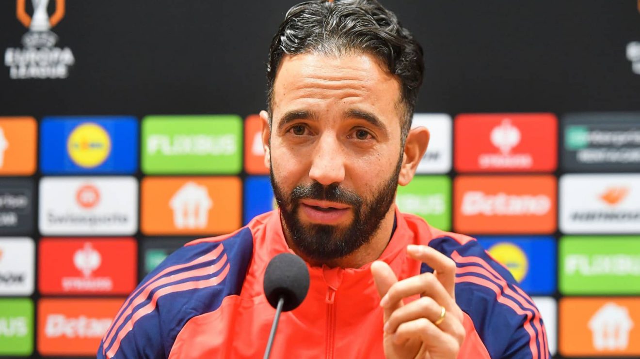 Man Utd manager Ruben Amorim attends a Europa League press conference