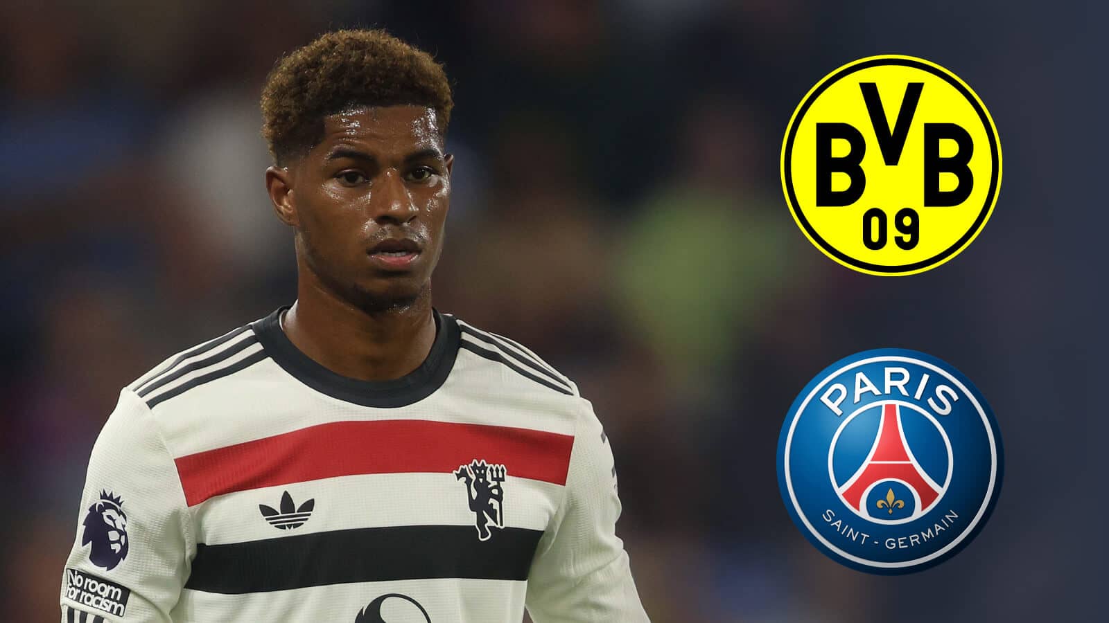 Manchester United star Marcus Rashford next to the badges of Borussia Dortmund and PSG - image copyright of TEAMtalk
