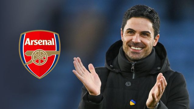 Mikel Arteta with Arsenal badge