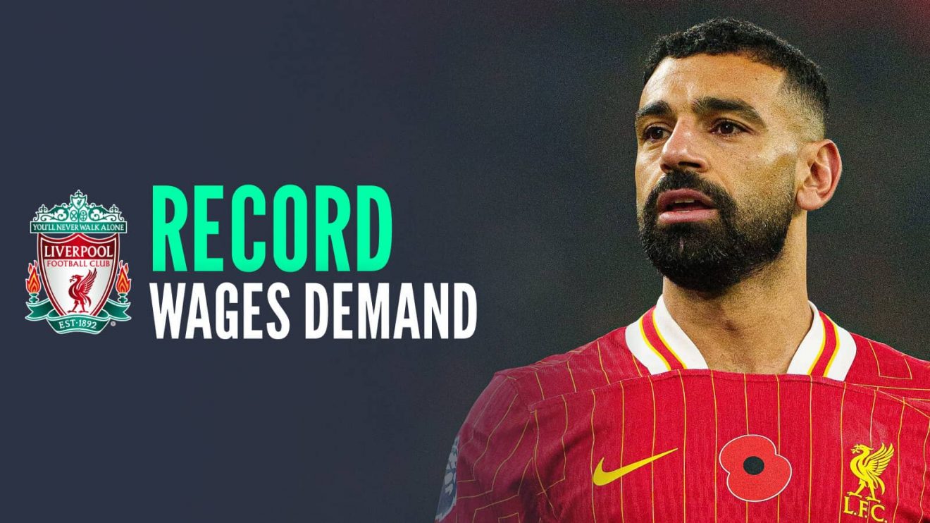 Mohamed Salah next to the Liverpool badge and the words 'record wages demand'