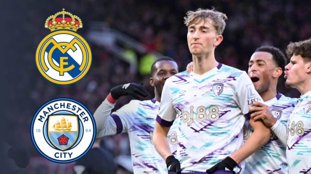 Bournemouth defender Dean Huijsen surrounded by his teammates and next to the Real Madrid and Manchester City badges