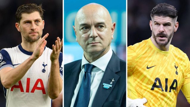 Tottenham duo Ben Davies and Fraser Forster, with chairman Daniel Levy in between