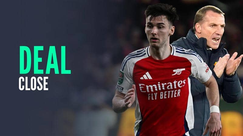 Kieran Tierney in an Arsenal shirt next to Celtic manager Brendan Rodgers alongside the words Deal Close - copyright TEAMtalk