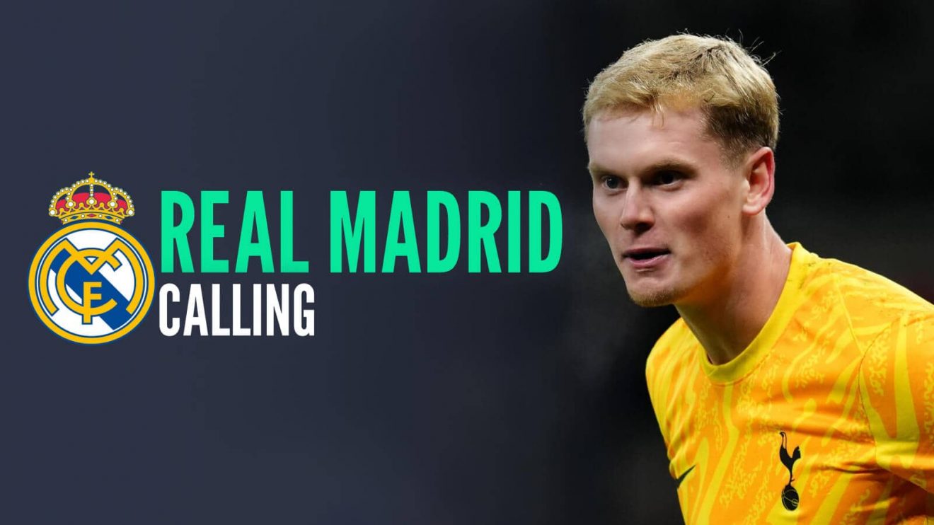 Tottenham Hotspur goalkeeper Antonin Kinsky with the Real Madrid badge next to him and the words Real Madrid Calling - copyright TEAMtalk