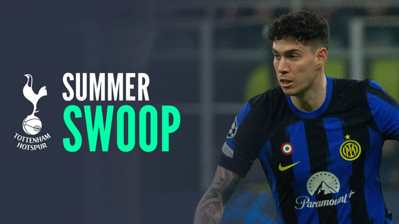 Inter Milan defender Alessandro Bastoni next to the Tottenham Hotspur badge with the words Summer Swoop - copyright TEAMtalk