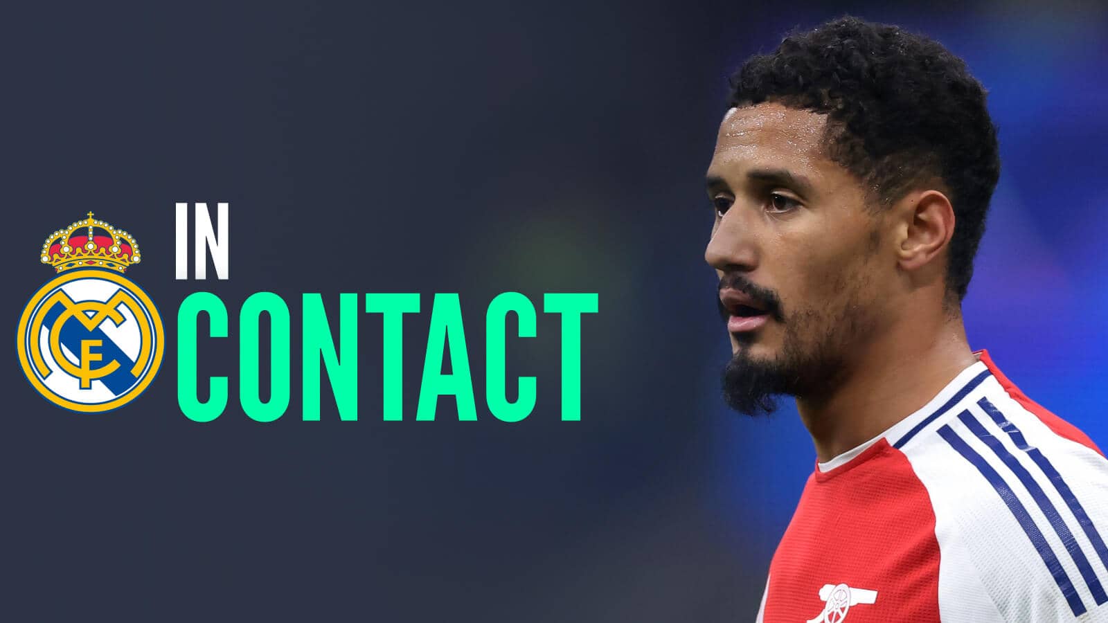 Arsenal defender William Saliba next to the Real Madrid badge with the words ‘In Contact’ - copyright TEAMtalk