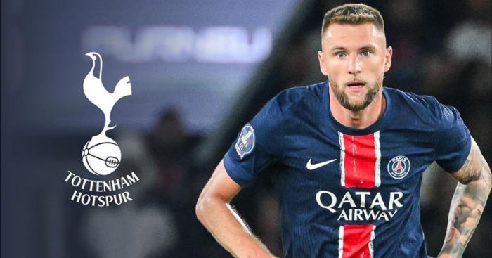 PSG defender Milan Skriniar, Tottenham badge