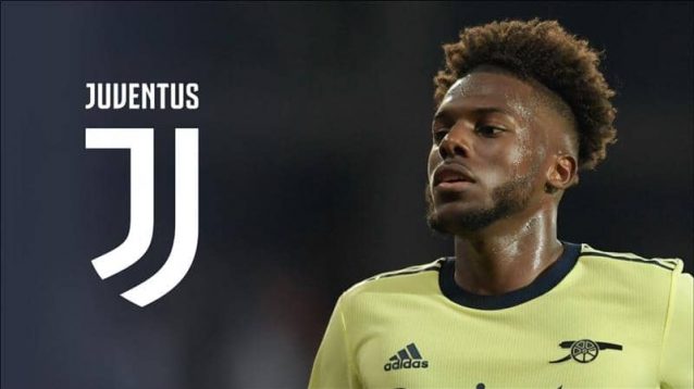 Arsenal left-back Nuno Tavares with the Juventus badge next to him - copyright TEAMtalk