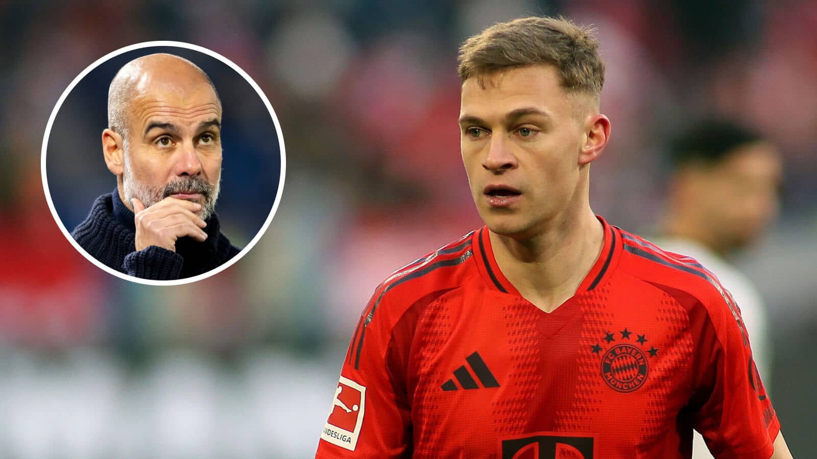 Bayern Munich star Joshua Kimmich with a small image of Manchester City manager Pep Guardiola next to him - copyright TEAMtalk