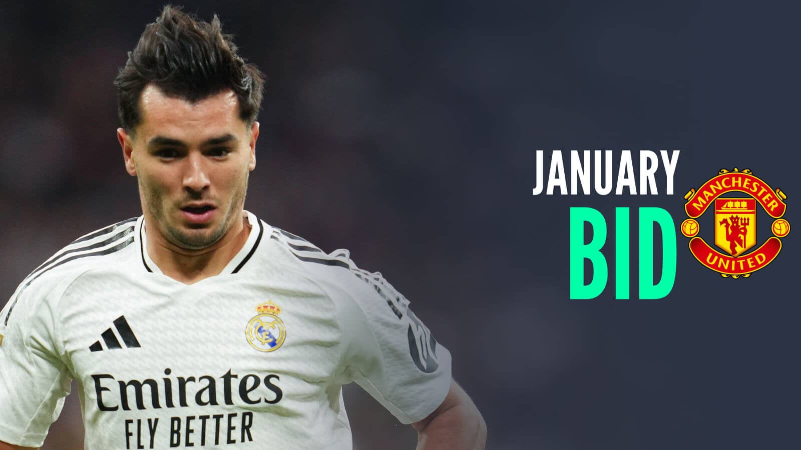 Real Madrid winger Brahim Diaz with the Man Utd badge next to him along with the words January Bid - copyright TEAMtalk