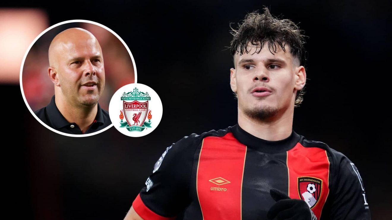 Bournemouth defender Milos Kerkez and, inset, Liverpool manager Arne Slot next to his club's crest