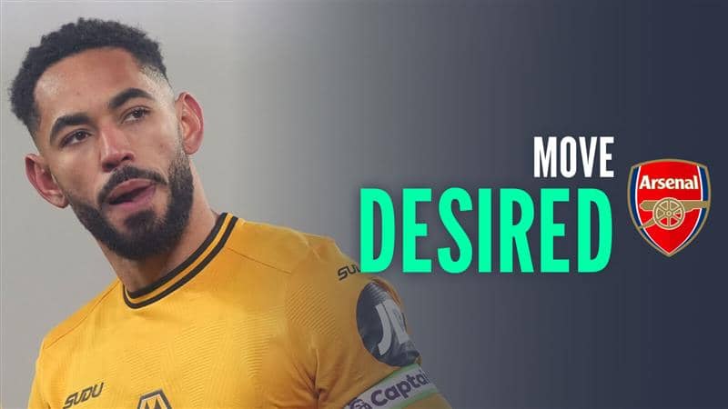 Wolves forward Matheus Cunha next to the Arsenal badge with the words Move Desired - copyright TEAMtalk