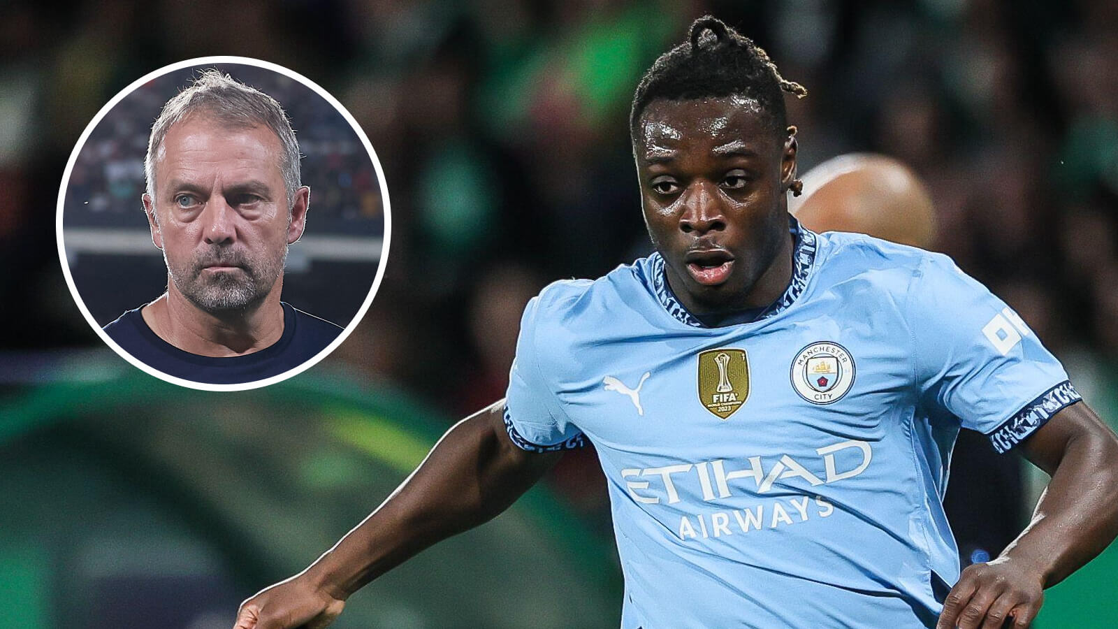 Barcelona boss Hansi Flick and Man City winger Jeremy Doku