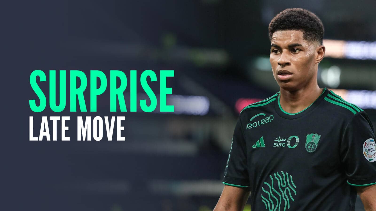 Man Utd star Marcus Rashford is a target for Al-Ahli, pictured here with their shirt Photoshopped on to him and the words 'surprise late move'
