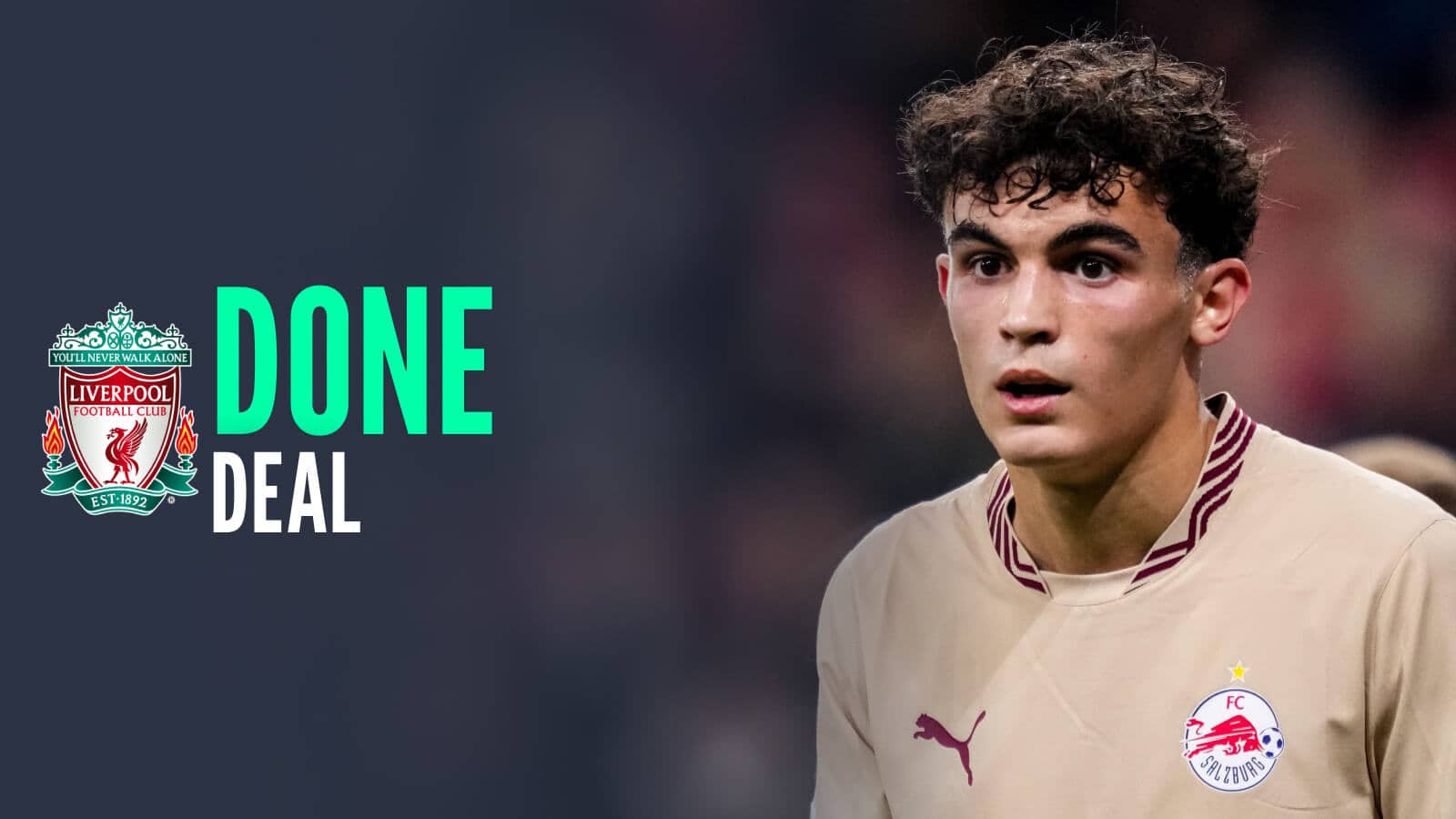 Stefan Bajcetic next to the Liverpool badge and the words 'done deal' after an agreement to loan him to Las Palmas was confirmed