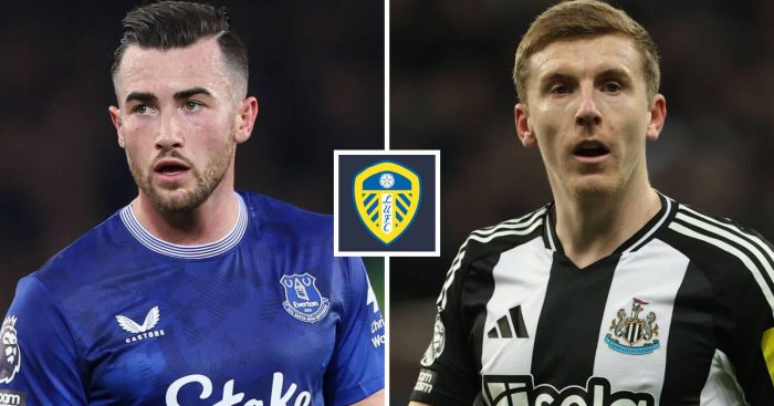 Everton's on-loan winger Jack Harrison and Newcastle defender Matt Targett with the Leeds United badge