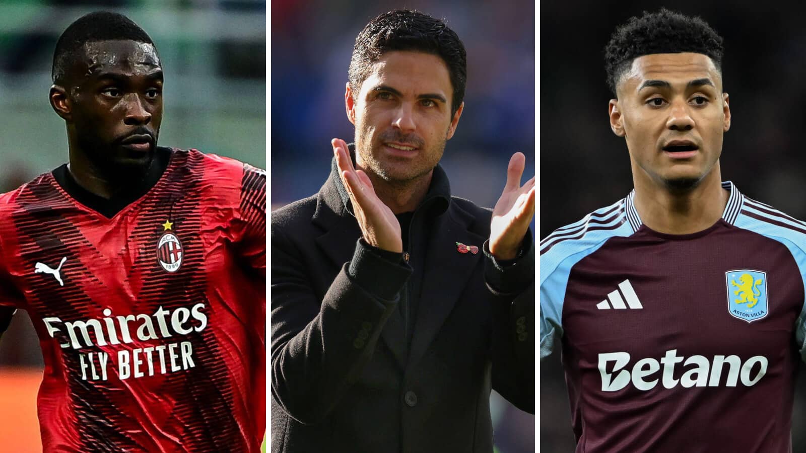 A collage of AC Milan defender Fikayo Tomori, Arsenal manager Mikel Arteta and Aston Villa striker Ollie Watkins – copyright TEAMtalk