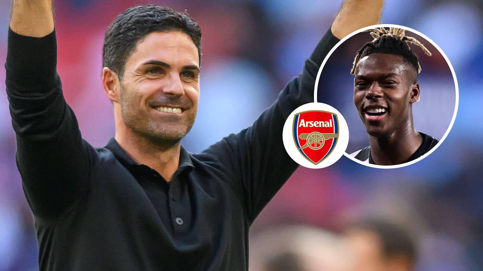 Arsenal manager Mikel Arteta and, inset, Athletic Bilbao star Nico Williams alongside the Arsenal badge