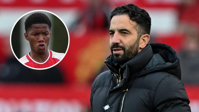 Man Utd boss Ruben Amorim and, inset, striker Chido Obi-Martin