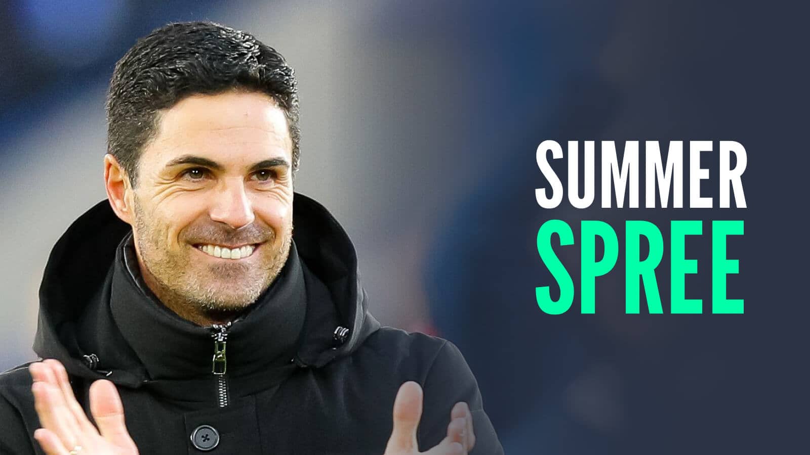 Arsenal manager Mikel Arteta with the words Summer Spree next to him - copyright TEAMtalk