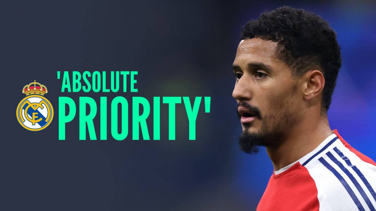 Arsenal defender William Saliba next to the Real Madrid badge with the words Absolute Priority - copyright TEAMtalk
