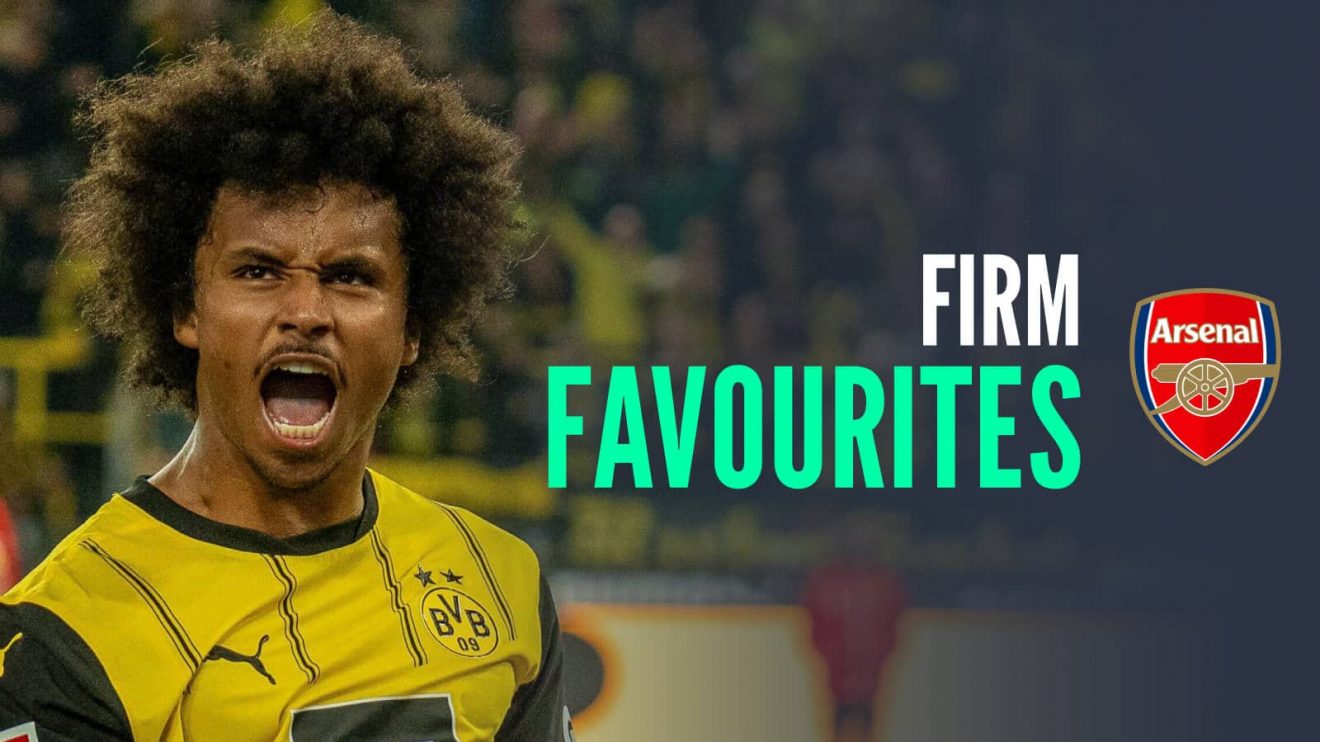 Borussia Dortmund winger Karim Adeyemi next to the Arsenal badge and the words firm Favourites - copyright TEAMtalk