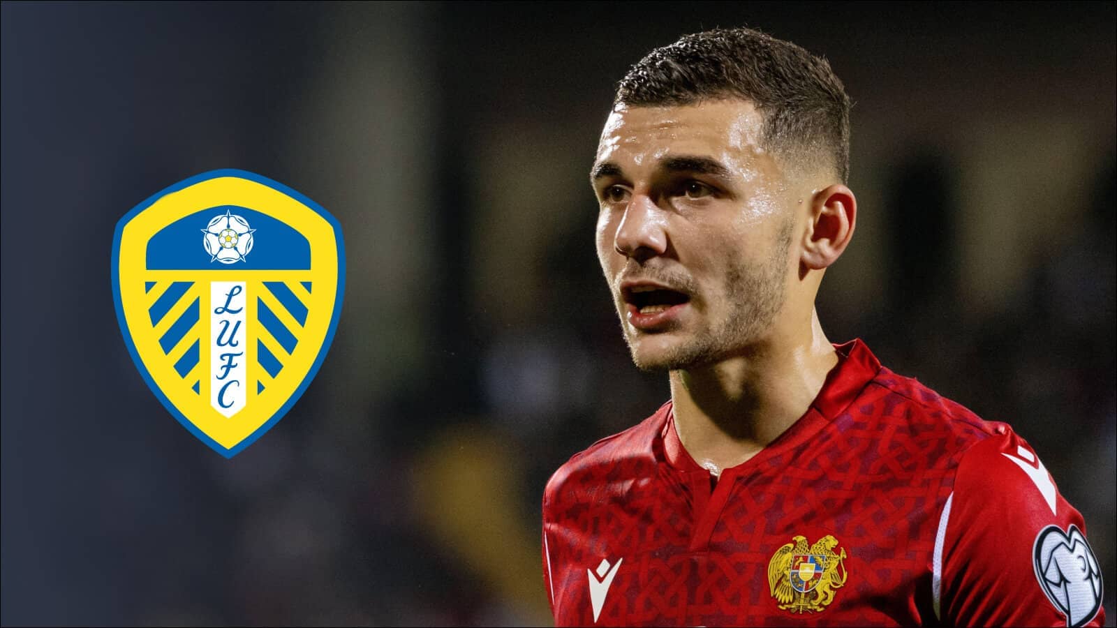 Armenia captain Eduard Spertsyan next to the Leeds United badge