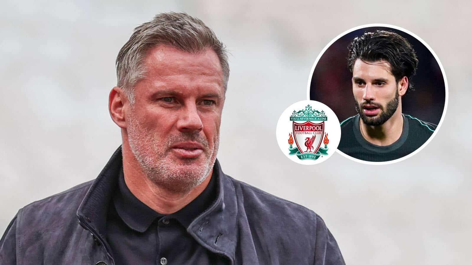Jamie Carragher and, inset, Liverpool star Dominik Szoboszlai alongside the Liverpool FC club crest