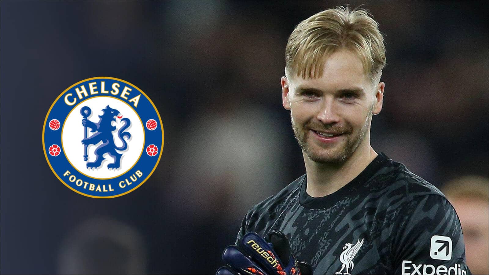 Liverpool goalkeeper Caoimhin Kelleher next to the Chelsea badge - copyright TEAMtalk