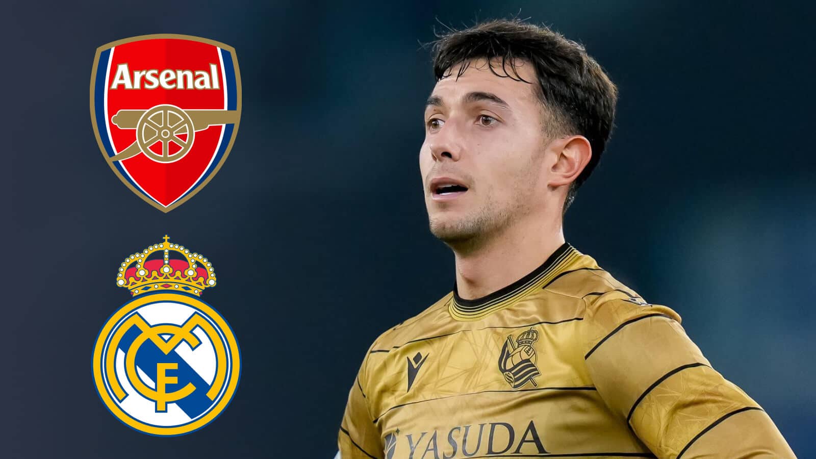 Real Sociedad midfielder Martin Zubimendi with the Arsenal and Real Madrid badges next to him - copyright TEAMtalk