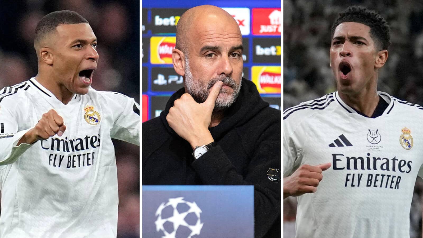 Split image of Kylian Mbappe, Pep Guardiola and Jude Bellingham - copyright TEAMtalk