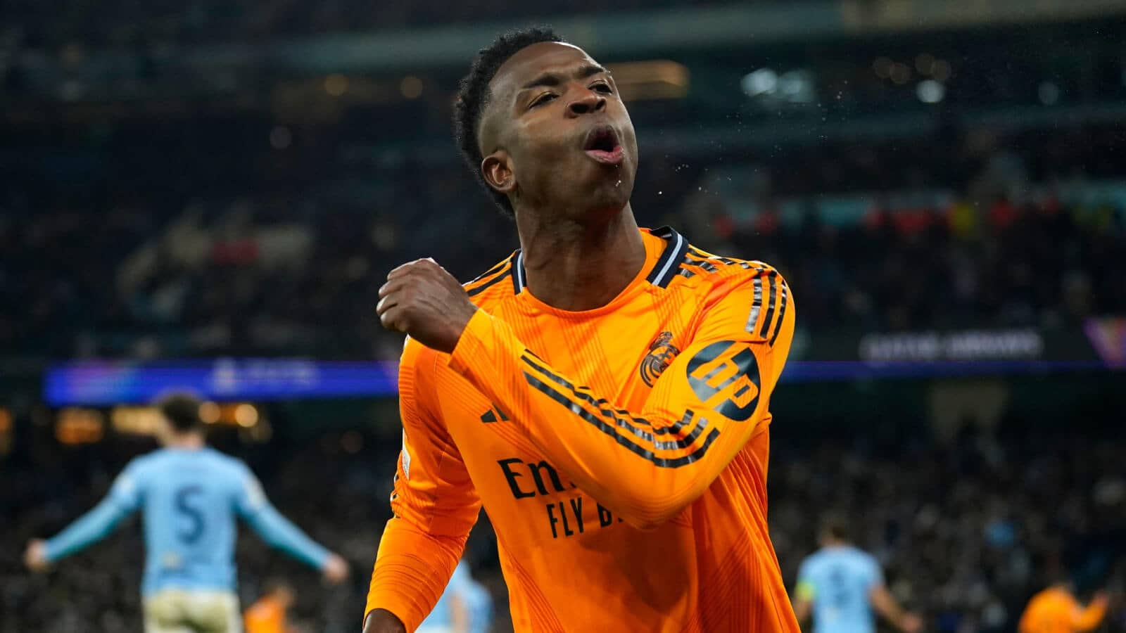 Real Madrid forward Vinicius Junior celebrating against Manchester City - copyright TEAMtalk